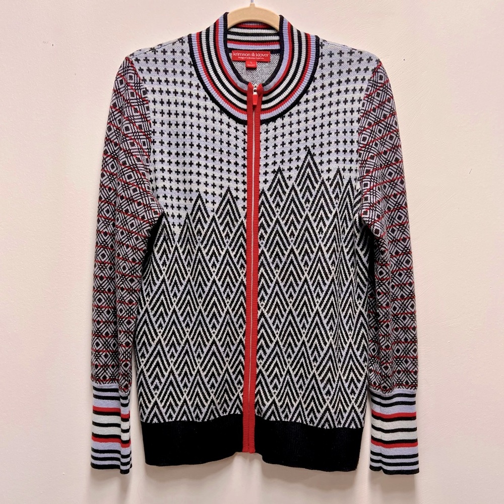 Krimson Klover Full Zip Wool Blend Ski Sweater Blue Black Red Size Large